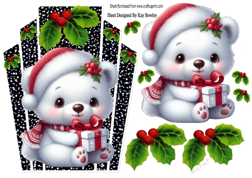 Cute Little Polar Bear With Black/White Art Deco Topper With Holly A5 (THREE)