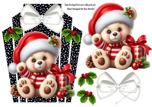 Cute Little Teddy Bear With Black/White Art Deco Topper With Bow A5 (FOUR)