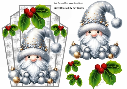 Lovely Silver Snowflake Art Deco Topper With Gnome A5 (ONE)