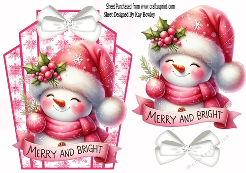 Cute Snowman Pink Snowflake Art Deco Topper With Bow A5 (ONE)