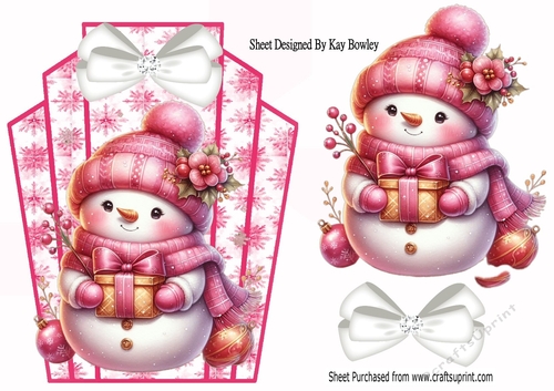 Cute Snowman Pink Snowflake Art Deco Topper With Bow A5 (TWO)
