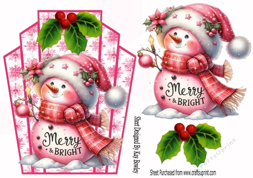 Cute Snowman Pink Snowflake Art Deco Topper With Holly A5 (THREE)