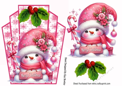 Cute Snowman Pink Snowflake Art Deco Topper With Bow A5 (FOUR)