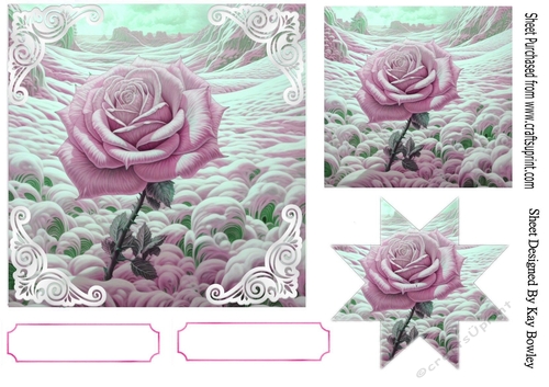 Pretty Christmas Pink Rose With Snow 7x7 Ornate Corners (THREE)