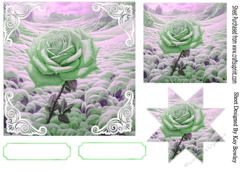 Pretty Christmas Green Rose With Snow 7x7 Ornate Corners (FOUR)