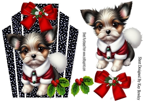 Cute Little Christmas Puppy With Black/White Topper With Red Bow A5 (ONE)