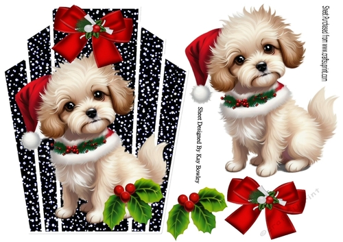 Cute Little Christmas Puppy With Black/White Topper With Red Bow A5 (TWO)