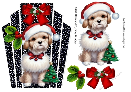 Cute Little Christmas Puppy With Black/White Topper With Red Bow A5 (THREE)