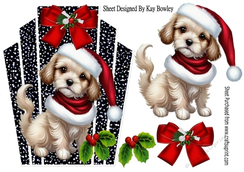 Cute Little Christmas Puppy With Black/White Topper With Red Bow A5 (FOUR)