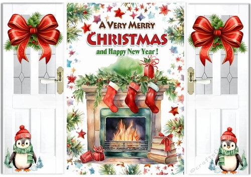 Lovely Christmas Gate Fold Card With Fireplace/Penguin (THREE)