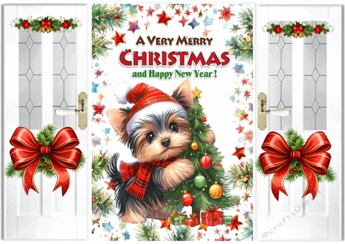 Lovely Christmas Gate Fold Card With Yorki Puppy (FOUR)