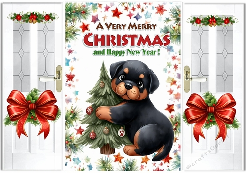 Lovely Christmas Gate Fold Card With Black Puppy Red Bows (FIVE)