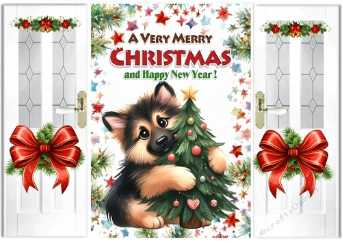 Lovely Christmas Gate Fold Card With Alsatian Puppy Red Bows (SIX)