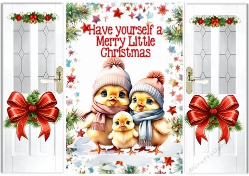 Lovely Christmas Gate Fold Card With Little Chicks Red Bows (FOUR)