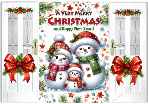 Lovely Christmas Gate Fold Card With Cute Snowmen Red Bows (One)