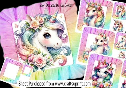 4 Pretty Unicorns In Rainbow Frill  8X8 Frames Cards Mini Kit