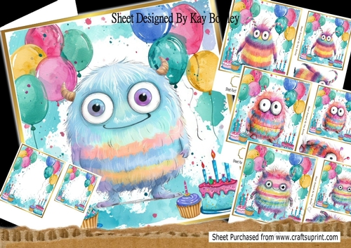  4 Birthday Balloons 7x7 Wih Cute Monster Cards Mini Kit
