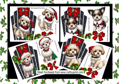 4 Cute Puppies In Santa Hats  In Art Deco Frames Mini Kit