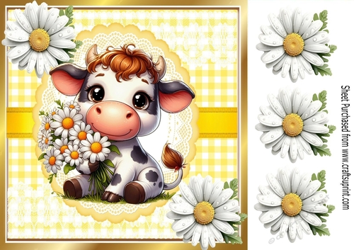 Cute Cow With Daisies Card Front Yellow Check 8X8 Frame (ONE)