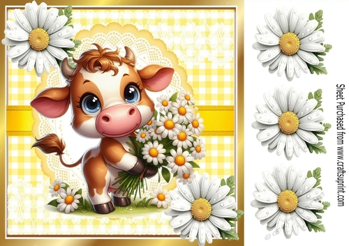 Cute Cow With Daisies Card Front Yellow Check 8X8 Frame (TWO)