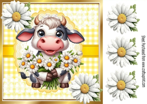 Cute Cow With Daisies Card Front Yellow Check 8X8 Frame (THREE)