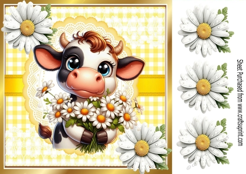 Cute Cow With Daisies Card Front Yellow Check 8X8 Frame (FOUR)