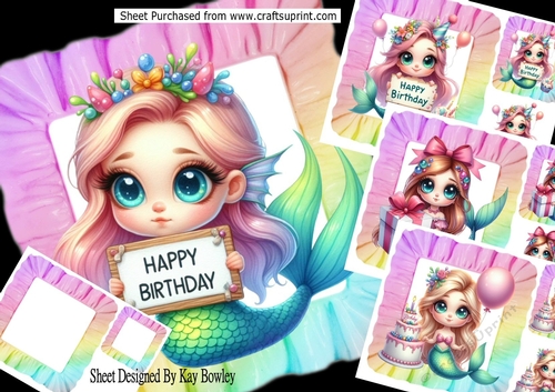4 Pretty Mermaids In Rainbow Frill  8X8 Frames Cards Mini Kit
