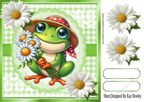 Cute Frog With Daisies Card Front Green Gingham 8X8 Frame (FOUR)