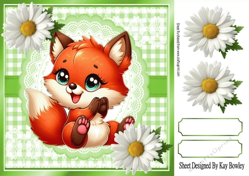 Cute Fox With Daisies Card Front Green Gingham 8X8 Frame (TWO)