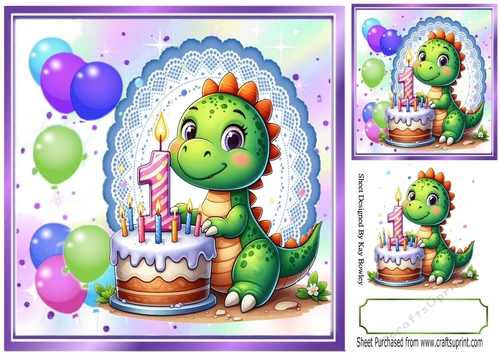 Cute Birthday Dragon With Balloons & Cake 8x8 (AGED ONE)
