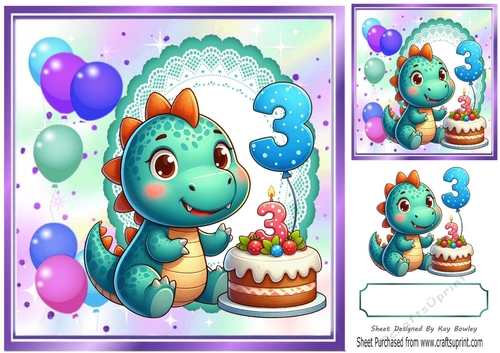 Cute Birthday Dragon With Balloons & Cake 8x8 (AGED THREE)
