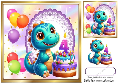 Cute Birthday Dragon With Balloons & Cake 8x8 (AGED FOUR)