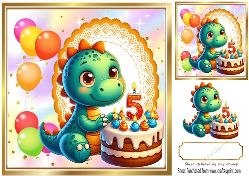 Cute Birthday Dragon With Balloons & Cake 8x8 (AGED FIVE)