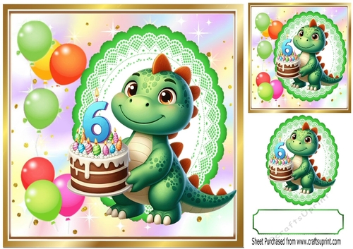 Cute Birthday Dragon With Balloons & Cake 8x8 (AGED SIX)