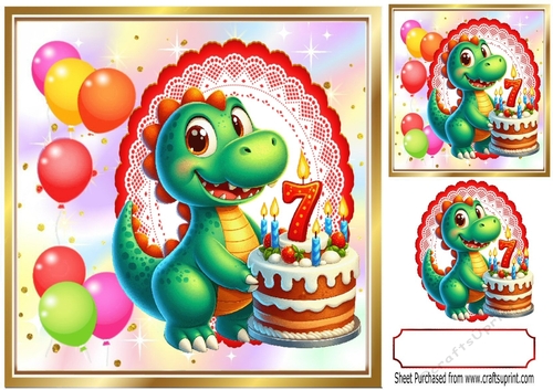 Cute Birthday Dragon With Balloons & Cake 8x8 (AGED SEVEN)