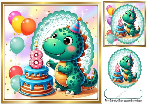 Cute Birthday Dragon With Balloons & Cake 8x8 (AGED EIGHT)