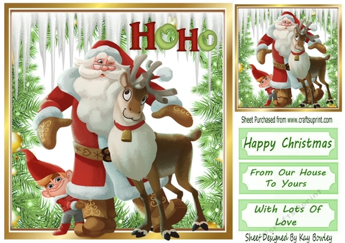 Lovely Santa With Deer & Elf Card Front 8x8