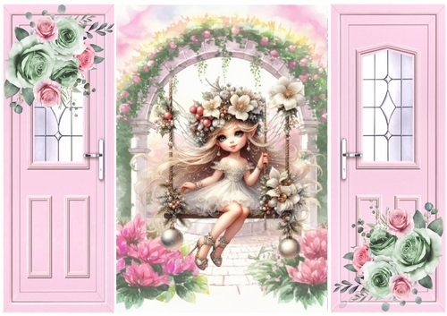 Pretty Fairy On A Swing With Pink Roses Pink Gate Fold (ONE)