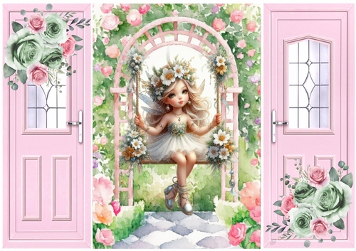 Pretty Fairy On A Swing With Pink Roses Pink Gate Fold (TWO)