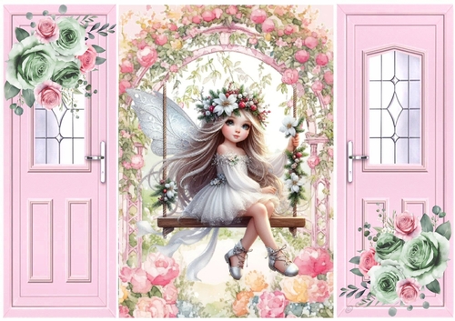 Pretty Fairy On A Swing With Pink Roses Pink Gate Fold (FOUR)
