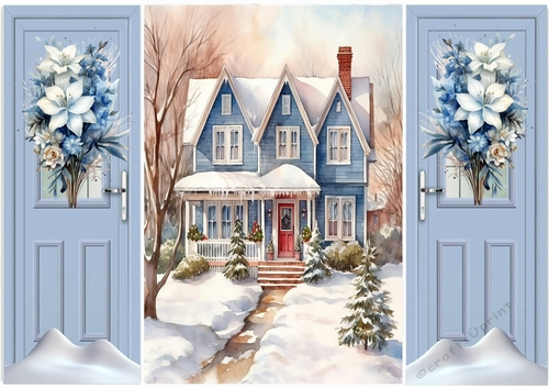 Pretty Christmas Scene,Snow House Blue Gate Fold (ONE)