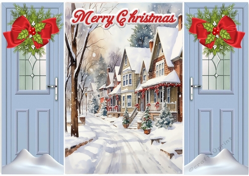Pretty Christmas Scene,Snow Houses Blue Gate Fold (THREE)