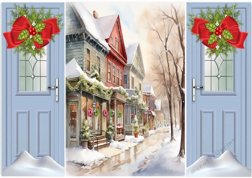 Pretty Christmas Scene,Snow Cottages Blue Gate Fold (FOUR)