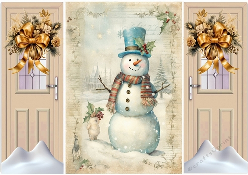 Beige Gate Fold With Gold Flowers With Vintage Snowman In A Hat