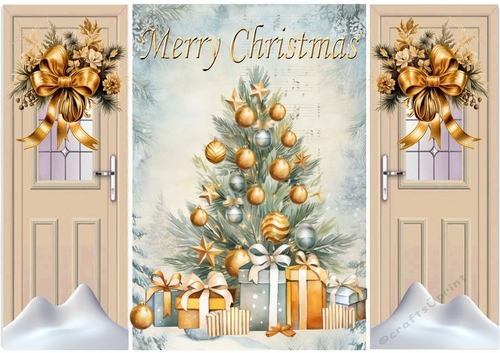Beige Gate Fold With Gold Flowers With A Christmas Tree
