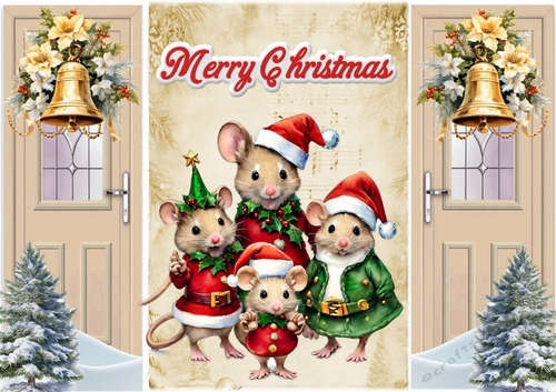Beige Gate Fold With Cute Mice Family With A Christmas Tree & Bells