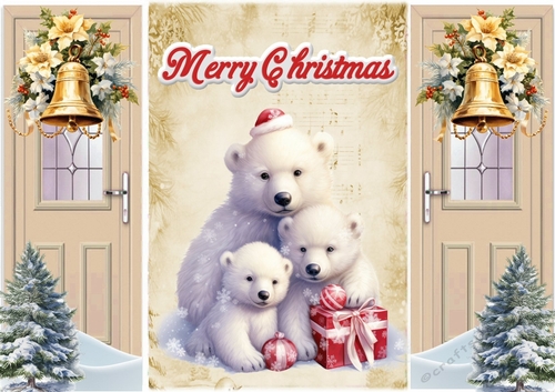 Beige Gate Fold With Cute Polar Bears Family With A Christmas Tree & Bells