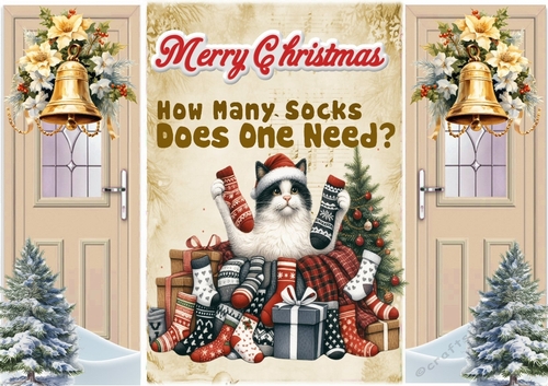 Beige Gate Fold Kitten & Socks With A Christmas Tree & Bells
