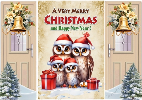 Beige Gate Fold With Cute Owl Family With A Christmas Tree & Bells