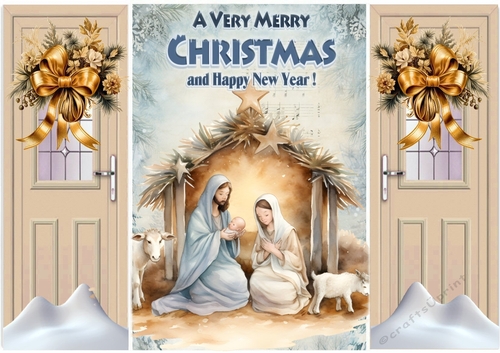 Beige Gate Fold With Gold Flowers With A Nativity & Sheep